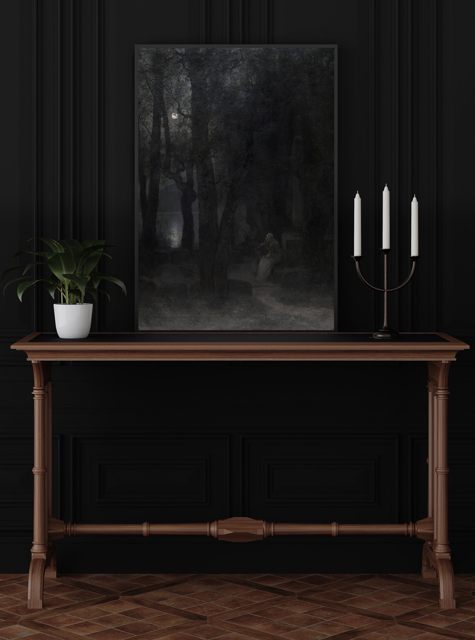 Dark Academia Landscape Painting, Moody Night Sky, Trees & Moon Print ...