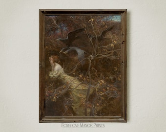 Impressão de arte de floresta assombrada, download digital para impressão, decoração de corvo gótico vintage, estética de academia escura, pintura de arte de Witchy Raven, I-315