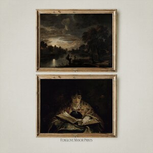 May include: Two framed paintings, one depicting a landscape with a river and trees under a cloudy sky, the other showing a person reading a book in a dimly lit room. The text "Foxglove Manor Prints" is at the bottom of the image.