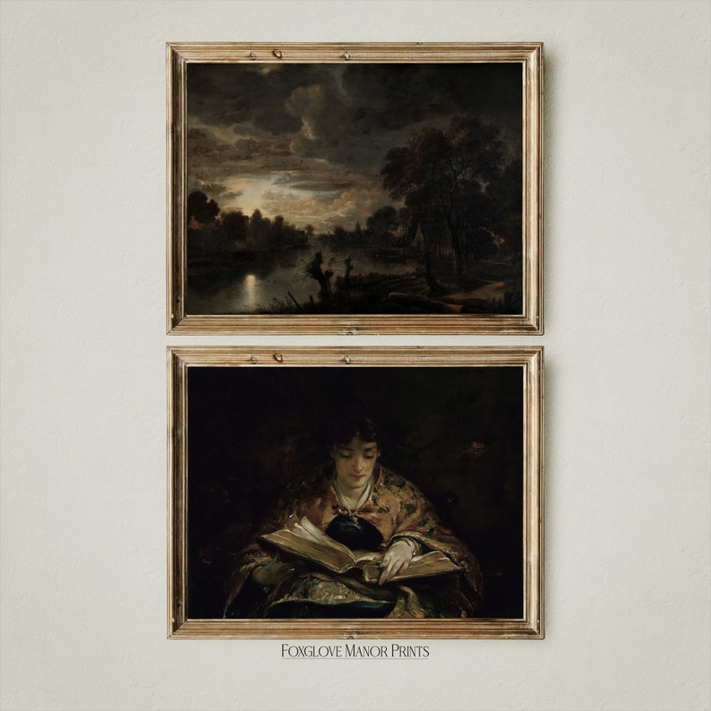 May include: Two framed paintings, one depicting a landscape with a river and trees under a cloudy sky, the other showing a person reading a book in a dimly lit room. The text "Foxglove Manor Prints" is at the bottom of the image.