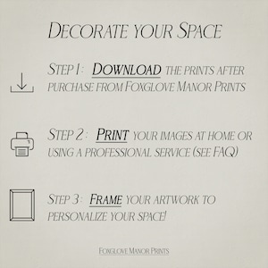 May include: A graphic with instructions on how to decorate your space with prints purchased from Foxglove Manor Prints. The steps are: download the prints, print them at home or using a professional service, and frame the artwork.