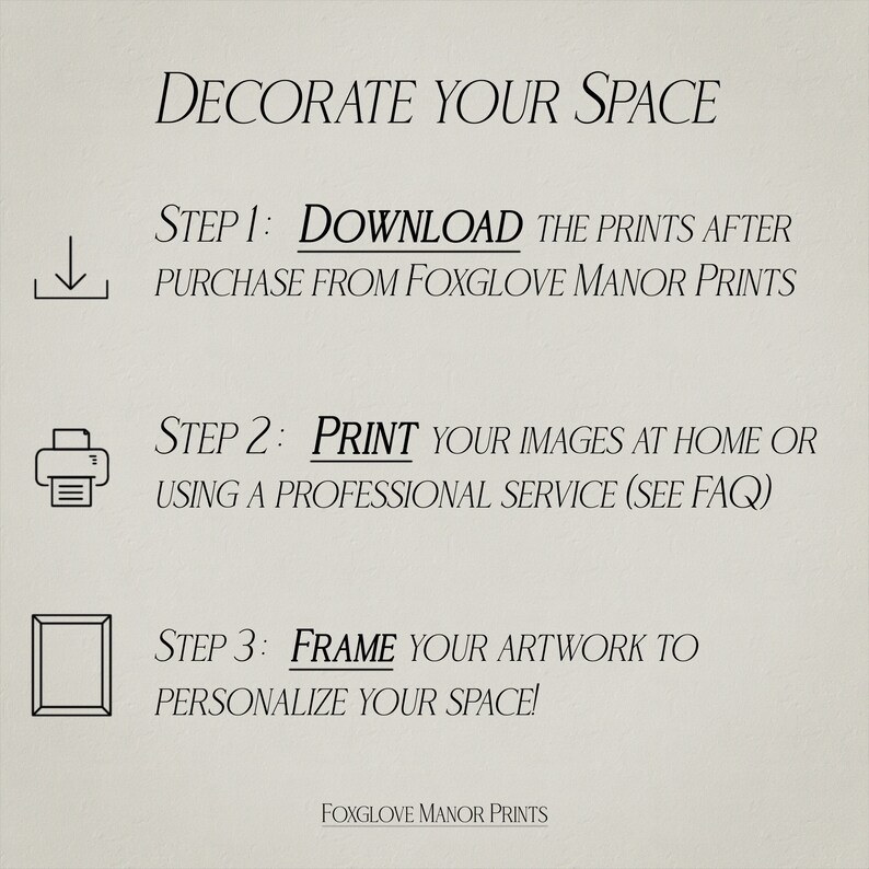 May include: A graphic with instructions on how to decorate your space with prints purchased from Foxglove Manor Prints. The steps are: download the prints, print them at home or using a professional service, and frame the artwork.