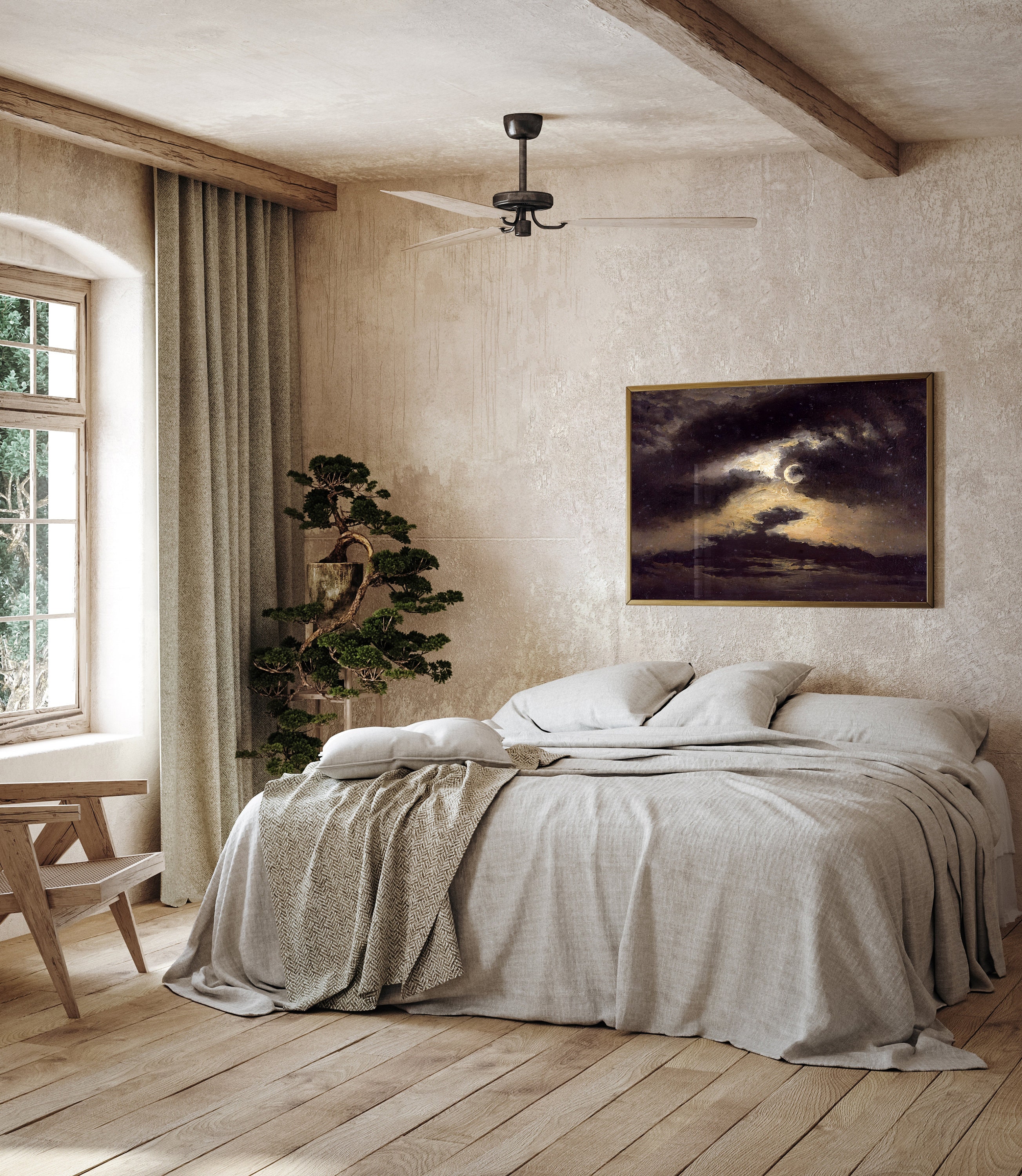 Moody Night Sky Painting | Vintage Crescent Moon Print | Digital ...