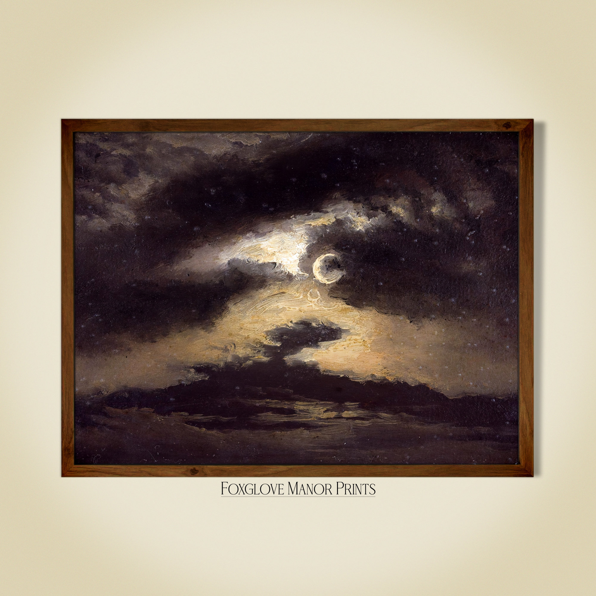 Moody Night Sky Painting Vintage Crescent Moon Print - Etsy