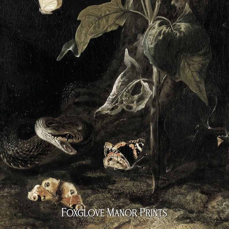 May include: A dark, moody painting featuring a snake, two butterflies, and a plant with large leaves. The snake is coiled around a branch and has a menacing expression. The butterflies are perched on the leaves and have delicate wings. The painting is set against a dark background and has a sense of mystery and intrigue.