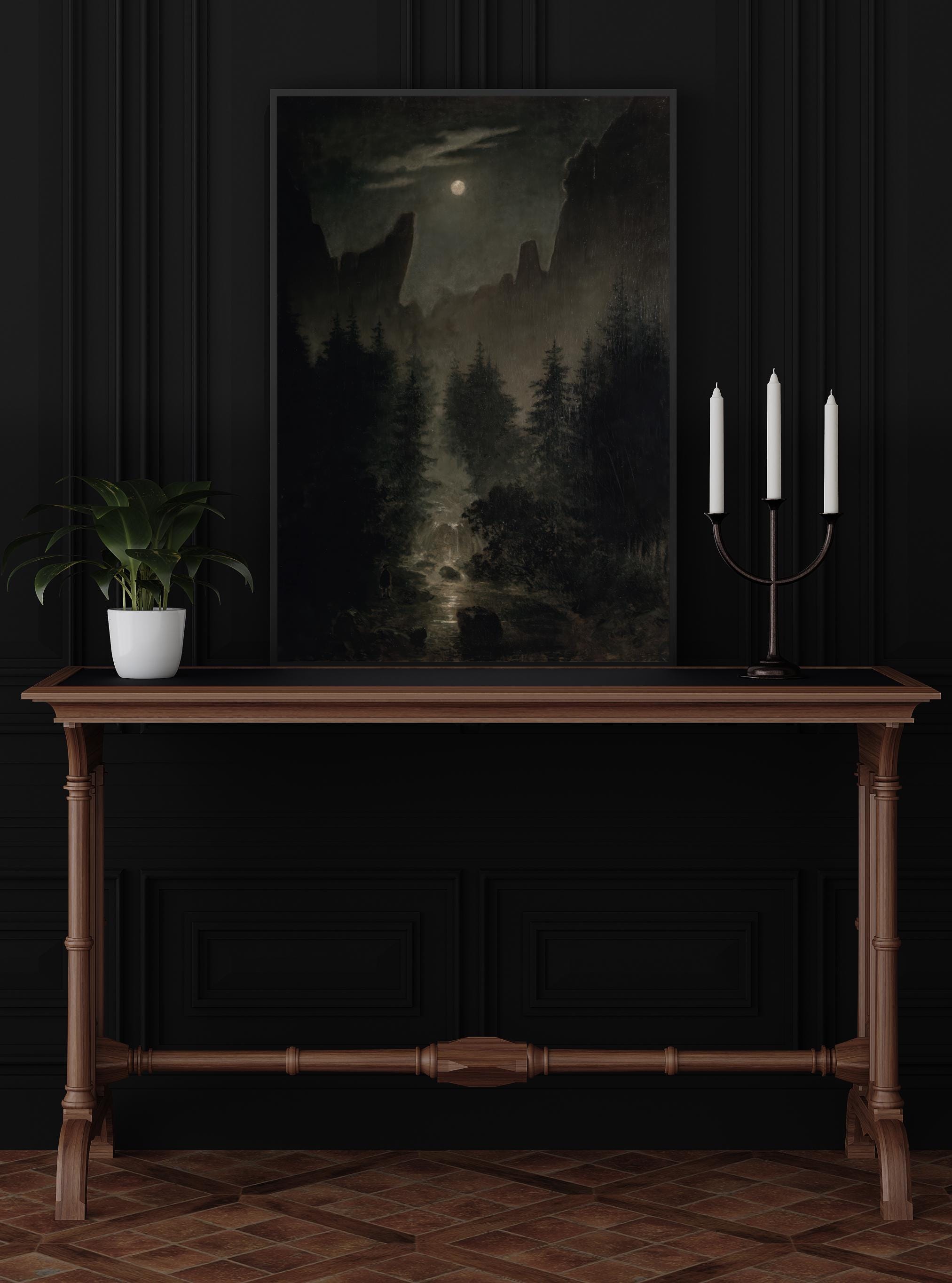 Moody Full Moon Art Print, Night Sky Painting, Vintage Dark Academia ...