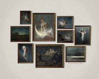 Set of 9 Full Moon, Star, & Night Sky Art Prints Gallery, Celestial Goddess Wall Art, Printable Digital Download, Dark Moody Paintings, G9-6