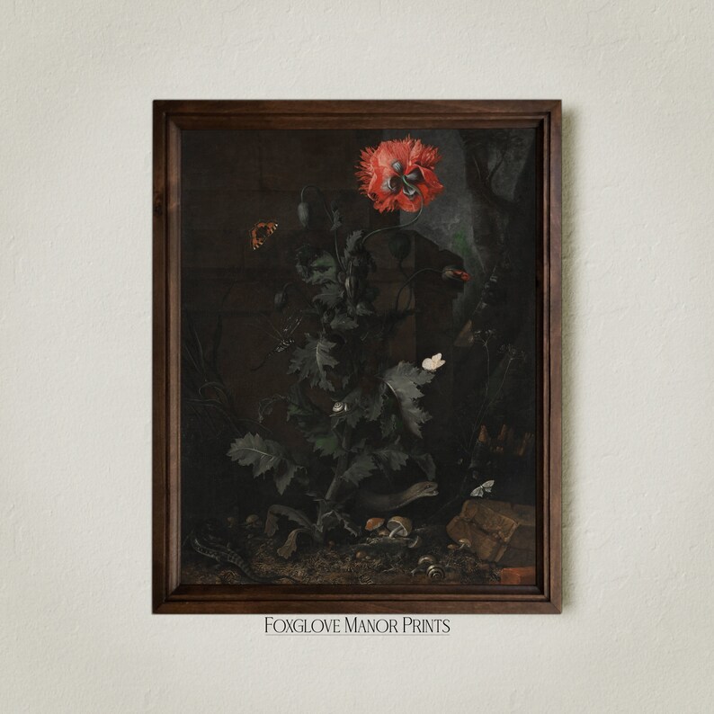 May include: A framed print of a still life painting featuring a red poppy flower with green leaves and stems. The background is dark and includes a stone wall and other foliage. The print is framed in a dark wood frame.