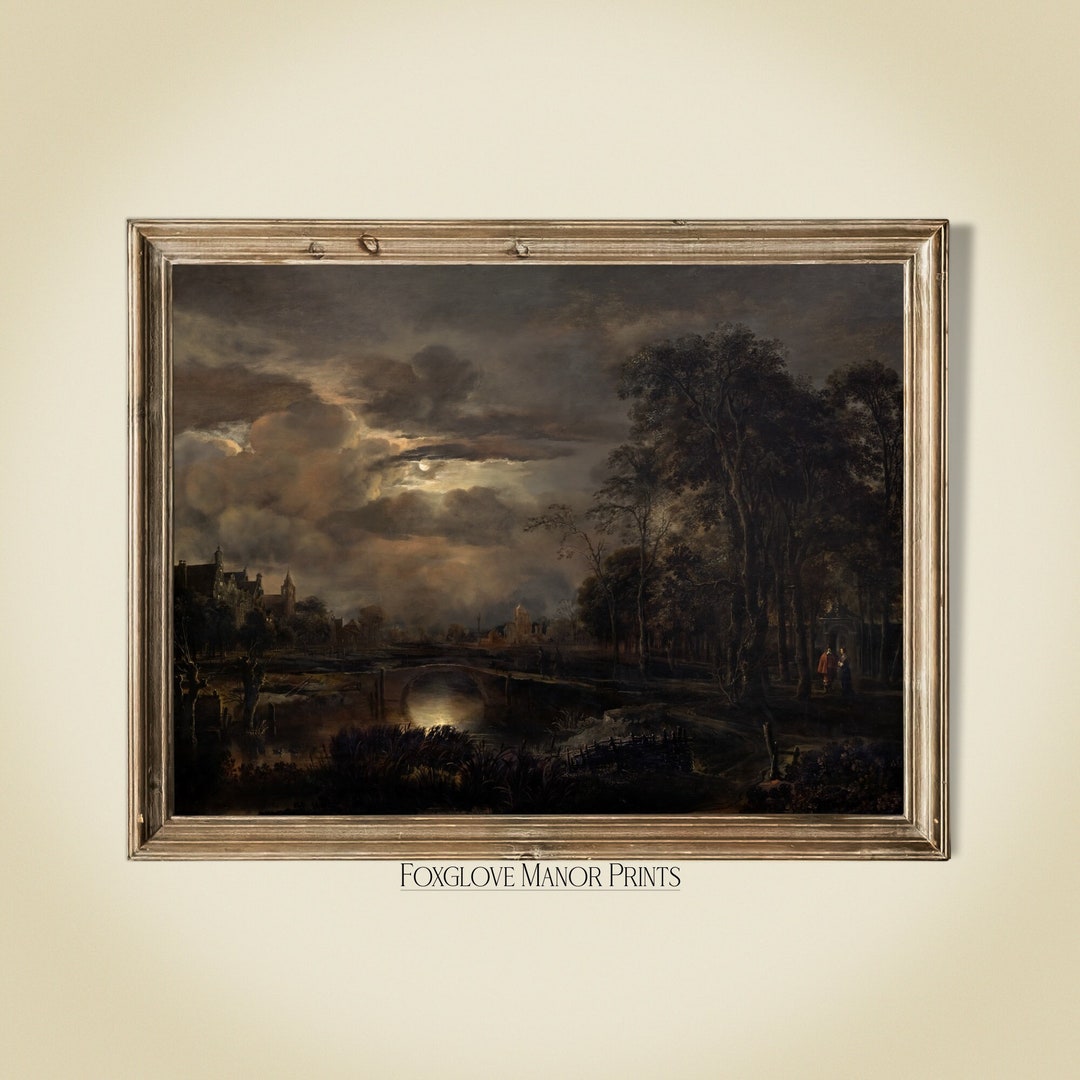 Moody Dark Night Art Print Printable Vintage Wall Art Bridge Under Moon ...