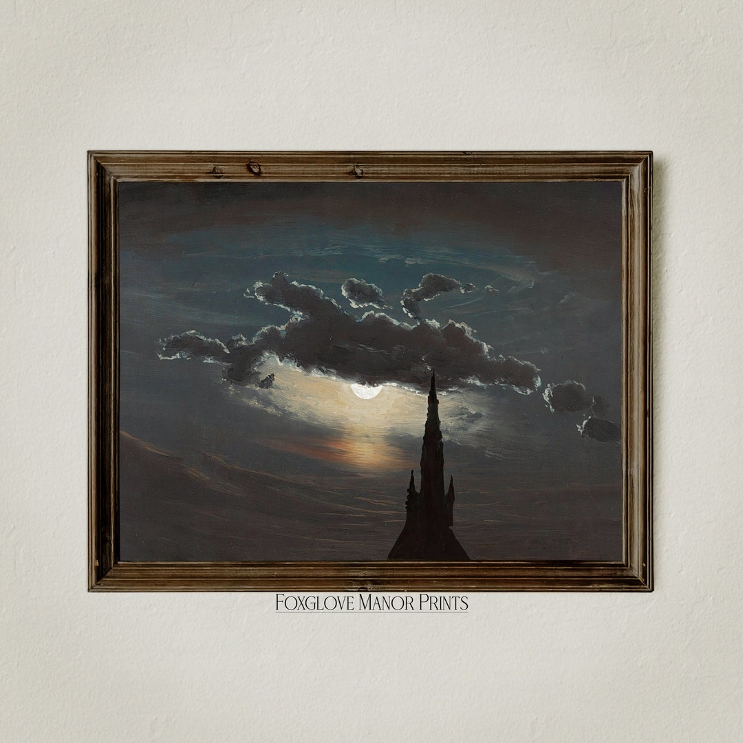 Dark Moody Night Sky Oil Painting, Full Moon Art Print, Digital ...