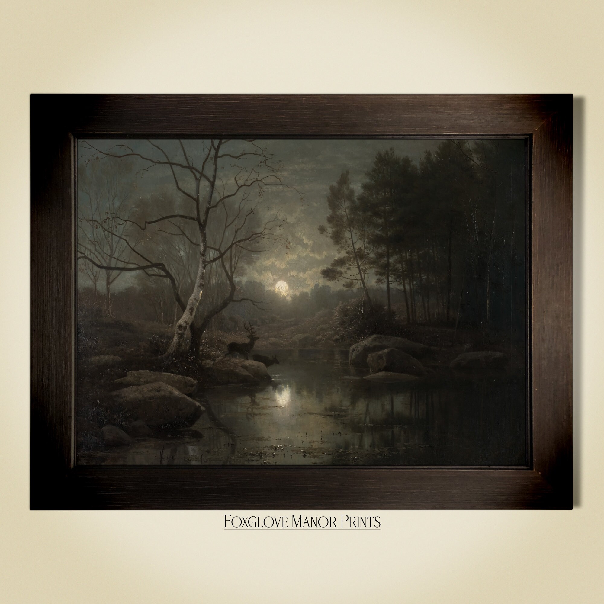 Moody Dark Night Sky With Full Moon Art Print | Printable Vintage Wall ...
