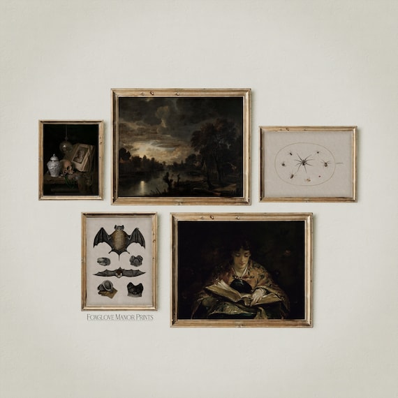 Dark Witchy Art Print Gallery | Moody Dark Academia Paintings | Printable Digital Download | Portrait, Bat, Skull, Spider Artwork | G5-5A