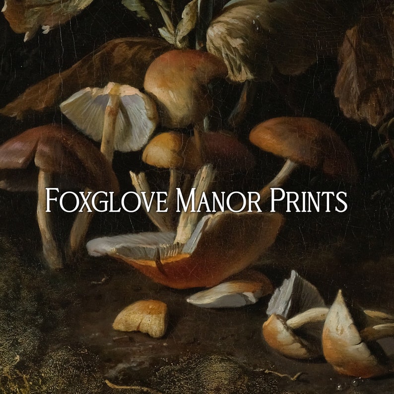 K&ouml;nnte beinhalten: Ein Stillleben mit verschiedenen Pilzen in verschiedenen Braunt&ouml;nen, Beige und Wei&szlig;. Die Pilze sind auf einem dunklen Hintergrund mit dem Text "Foxglove Manor Prints" in der Mitte angeordnet.