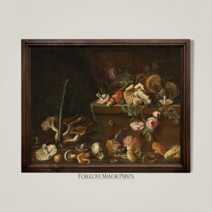 Dark Cottagecore Still Life Print, Digital Printable Download, Dark Academia Decor, Vintage Mushroom Wall Art, Victorian Painting, I-221
