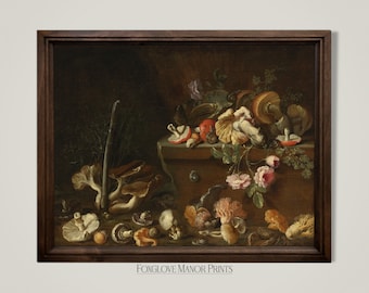 Dark Cottagecore Still Life Print, Digital Printable Download, Dark Academia Decor, Vintage Mushroom Wall Art, Victorian Painting, I-221