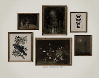 Set of 6 Gothic Prints Gallery, Moody Wall Art, Printable Digital Download, Vintage Dark Victorian Decor, Botanical, Crow, Landscapes, G6-3