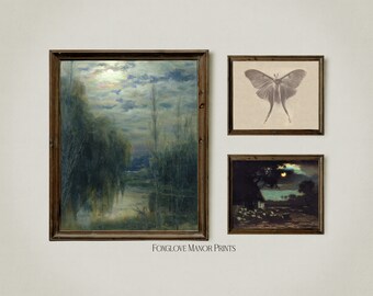 Moody Art Print Gallery Set of 3, Printable Digital Download, Full Moon Landscape Paintings, Luna Moth Vintage Photo, Dark Academia G3-1A