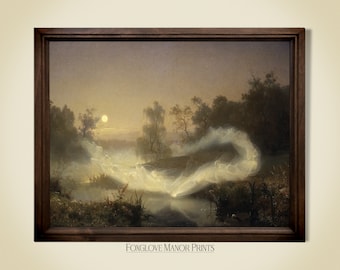 May include: A framed painting depicting a moonlit landscape with a winding river and ethereal white wisps of fog. The painting is set in a forest with trees and a full moon in the sky. The painting is framed in a dark wood frame.