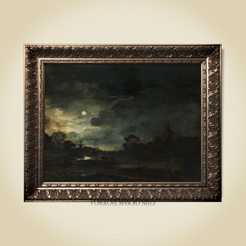 Full Moon Landscape Art Print | Vintage Moody Oil Painting | Instant ...