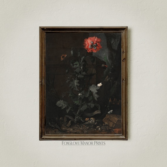 Gothic Poppy Art Print, Dark Cottagecore Decor, Moody Painting, Dark Academia Aesthetic Wall Art, Vintage Digital Printable Download, I-299