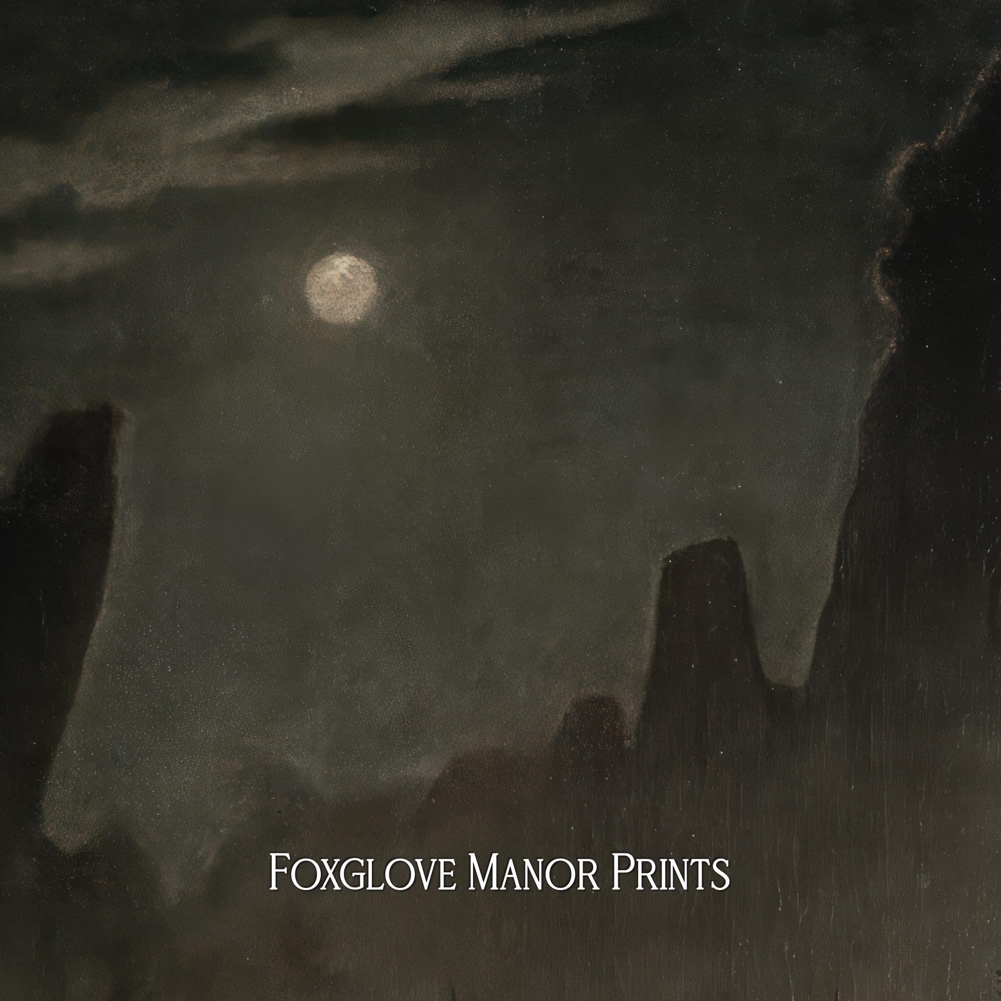 Moody Full Moon Art Print, Night Sky Painting, Vintage Dark Academia ...