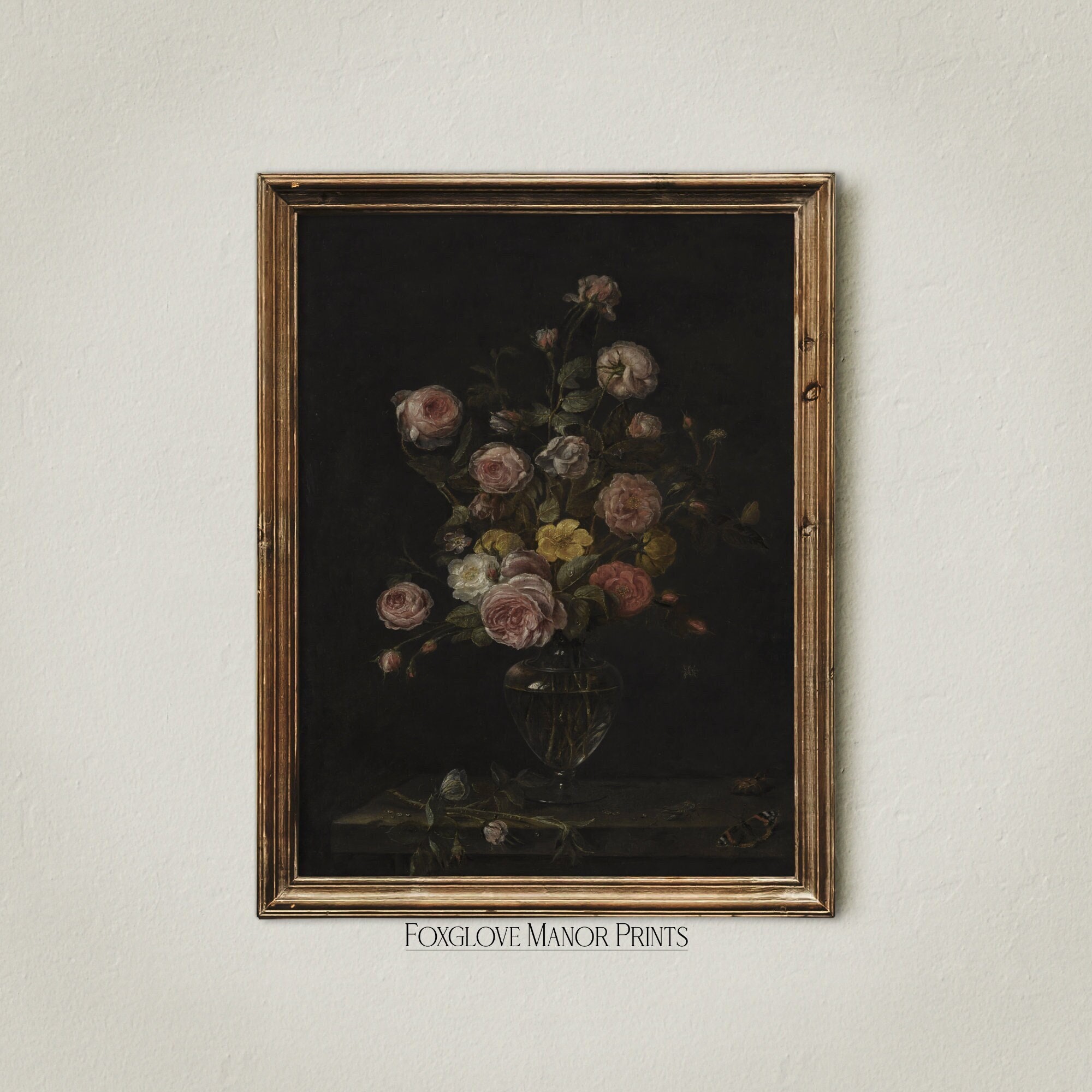 Printable Vintage Floral Moody Still Life Painting, Dark Botanical Art ...