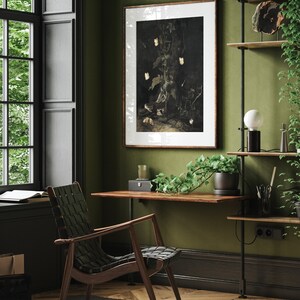 May include: A dark wood desk with a black leather chair, a framed botanical print, and a shelf with plants and a lamp. The room has dark green walls and wood floors.