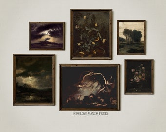 Set of 6 Dark Aesthetic Wall Art Print Gallery, Printable Digital Download, Moody Dark Academia Decor, Moth, Floral, Night Sky Painting G6-4