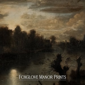 May include: A painting of a dark, still river with a small town in the distance. The sky is a muted gray with a few clouds. The painting is titled "Foxglove Manor Prints".