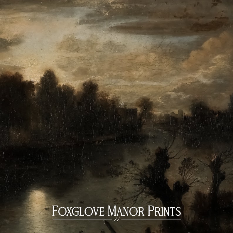 May include: A painting of a dark, still river with a small town in the distance. The sky is a muted gray with a few clouds. The painting is titled "Foxglove Manor Prints".
