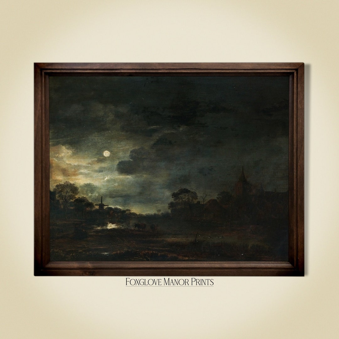 Full Moon Landscape Art Print | Vintage Moody Oil Painting | Instant ...