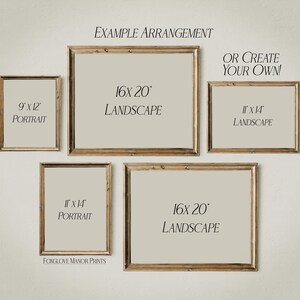 May include: Example arrangement of five picture frames on a white wall. The frames are in various sizes and orientations, including 9x12 portrait, 11x14 portrait, 11x14 landscape, and 16x20 landscape. The text "EXAMPLE ARRANGEMENT" and "OR CREATE YOUR OWN!" is visible above the frames.