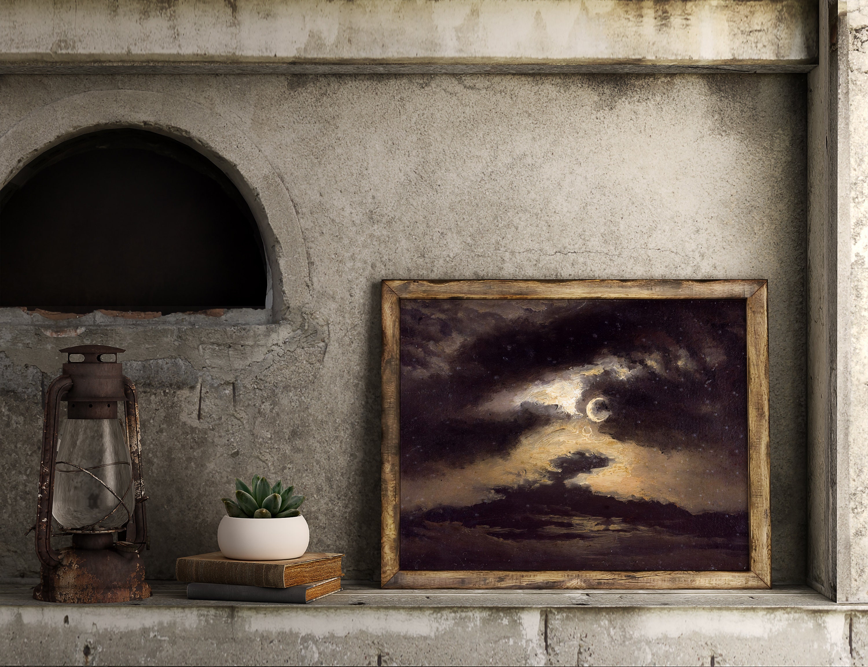 Moody Night Sky Painting Vintage Crescent Moon Print - Etsy