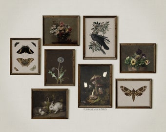 Set of 8 Dark Cottagecore Art Print Gallery, Dark Academia Decor, Printable Digital Download, Cottagecore, Crow, Moth, Mushroom Artwork G8-2