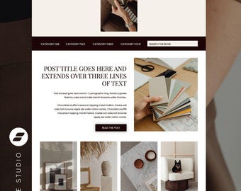 May include: A website homepage for Victoria Amaranth, a design studio. The website features a blog with a post titled "Post Title Goes Here and Extends Over Three Lines of Text". The blog post includes a description of the post and a button to read the post. The website also features a portfolio, contact information, and a footer with copyright information.