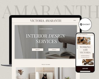 May include: A website homepage for Victoria Amaranth Interior Design Services. The website features a light gray background with a white header and text. The header text reads "Victoria Amaranth". The website also features a photo of a wooden chair and a book on a table. The text "Interior Design Services" is displayed in a large font size.