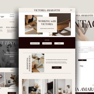 May include: Website homepage for Victoria Amaranth Interior Design. The website features a black and white photo of a woman working at a desk, a photo of a living room with a black sofa, and a photo of a woman holding fabric swatches. The website also includes text that says "Working with Victoria" and "Residential Interior Design".