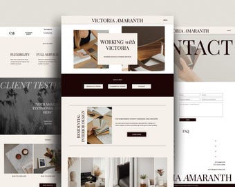 May include: Website homepage for Victoria Amaranth Interior Design. The website features a black and white photo of a woman working at a desk, a photo of a living room with a black sofa, and a photo of a woman holding fabric swatches. The website also includes text that says "Working with Victoria" and "Residential Interior Design".