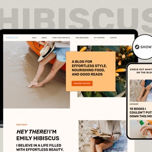 May include: A laptop computer screen displaying a website with the title "Hibiscus" and a blog post about effortless style, nourishing food, and good reads. The website features a photo of a person wearing a straw hat and a blue skirt standing in the water on a beach. The website also features a photo of a person reading a book on a beach.