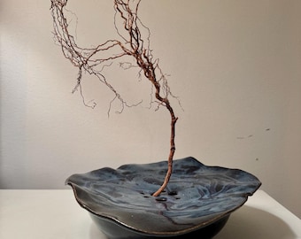 Clay Horse Pottery Cobalt Blue Ikebana vase with metal kenzan floral frog, pottery bowl and book:  Ikebana The Art of Arranging Flowers