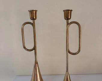 Candelabros de latón con forma de trompeta, juego de 2