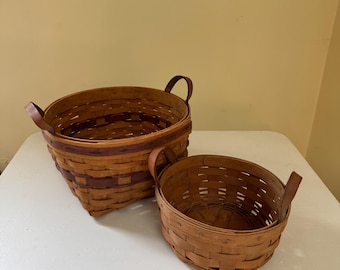 Longaberger baskets with leather handles, set of two, 7” and 10”