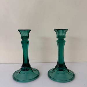 Green Glass Candlesticks, set of two 6” tall