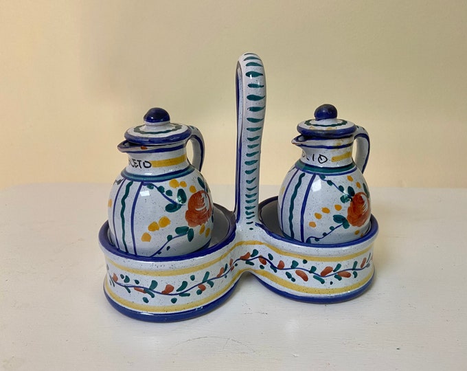 Italian Ceramic Oil and Vinegar Cruets With Caddy Etsy