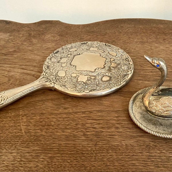 Silverplate decorative hand mirror and swan ring dish set