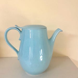 May include: A light blue ceramic teapot with a speckled glaze and a curved spout. The teapot has a lid with a small handle.