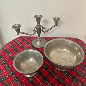 Preisner Pewter candelabra and two bowls