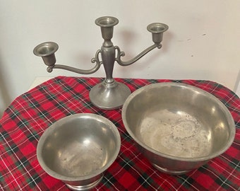 Preisner Pewter candelabra and two bowls