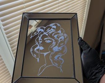 Hand-Engraved Medusa Mirror | Gothic Greek Mythology Wall Art | Snake Goddess Home Decor