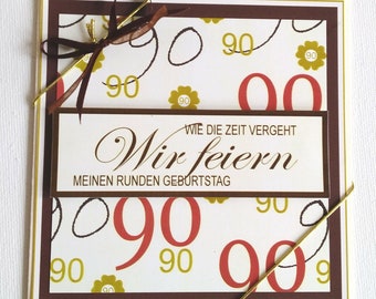 Einladungskarte Einladung zum 90. Geburtstag braun-creme-töne quadratisch